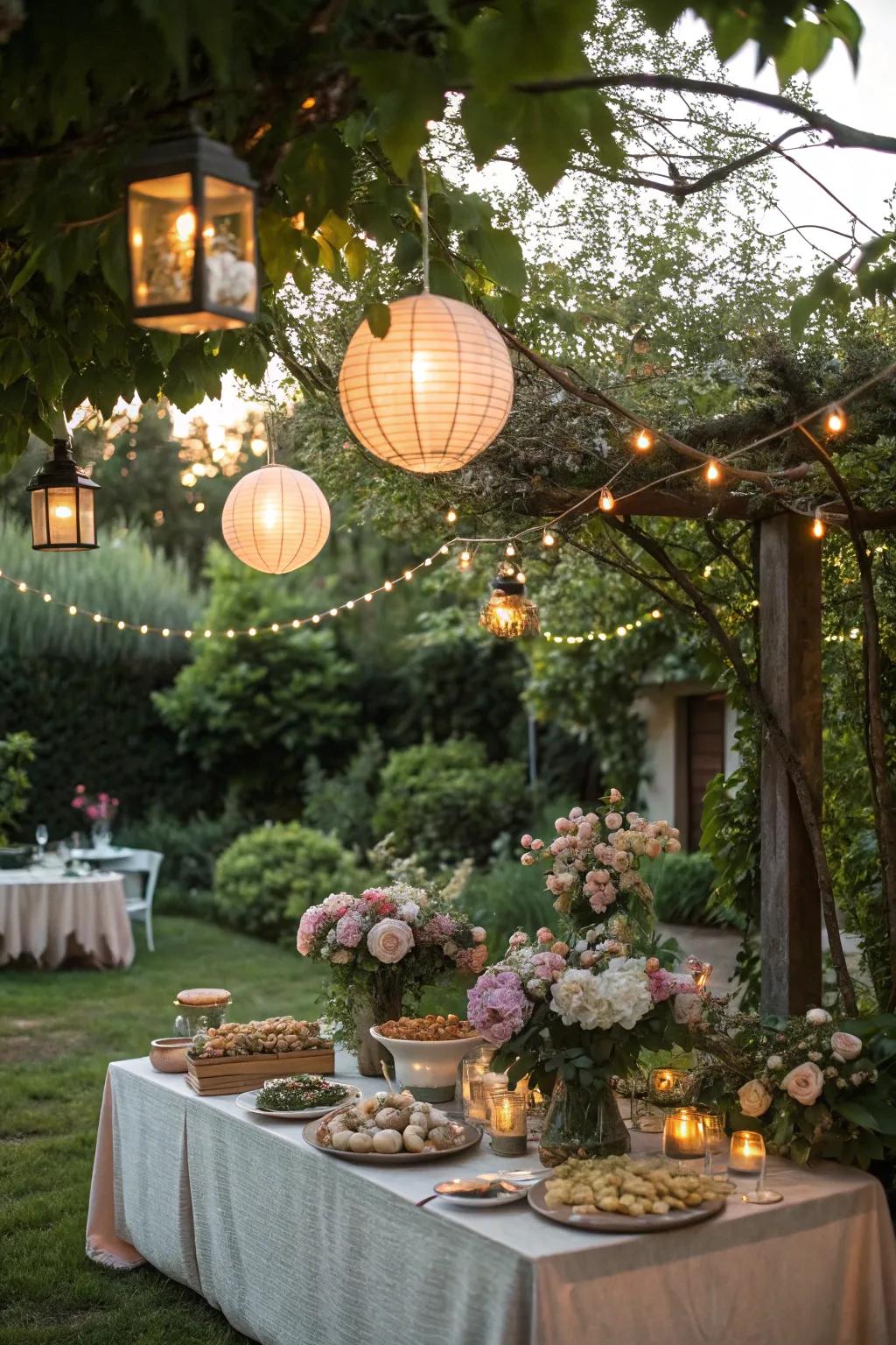 A magical garden brunch scene illuminated by fairy lights and embraced by nature.
