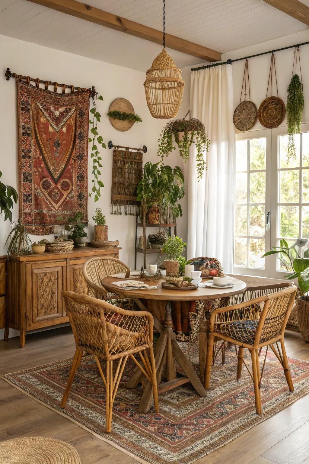 Boho dining space showcasing timber and rattan furniture.
