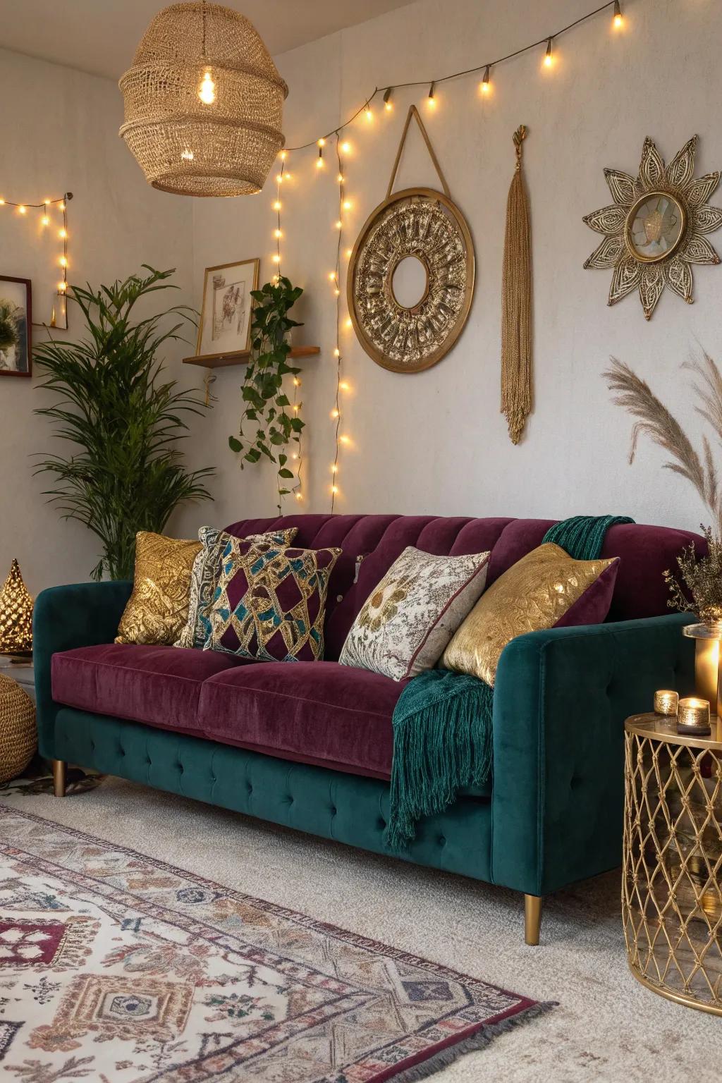 A lavish, jewel-toned velvet sofa elevates this boho-inspired setting.
