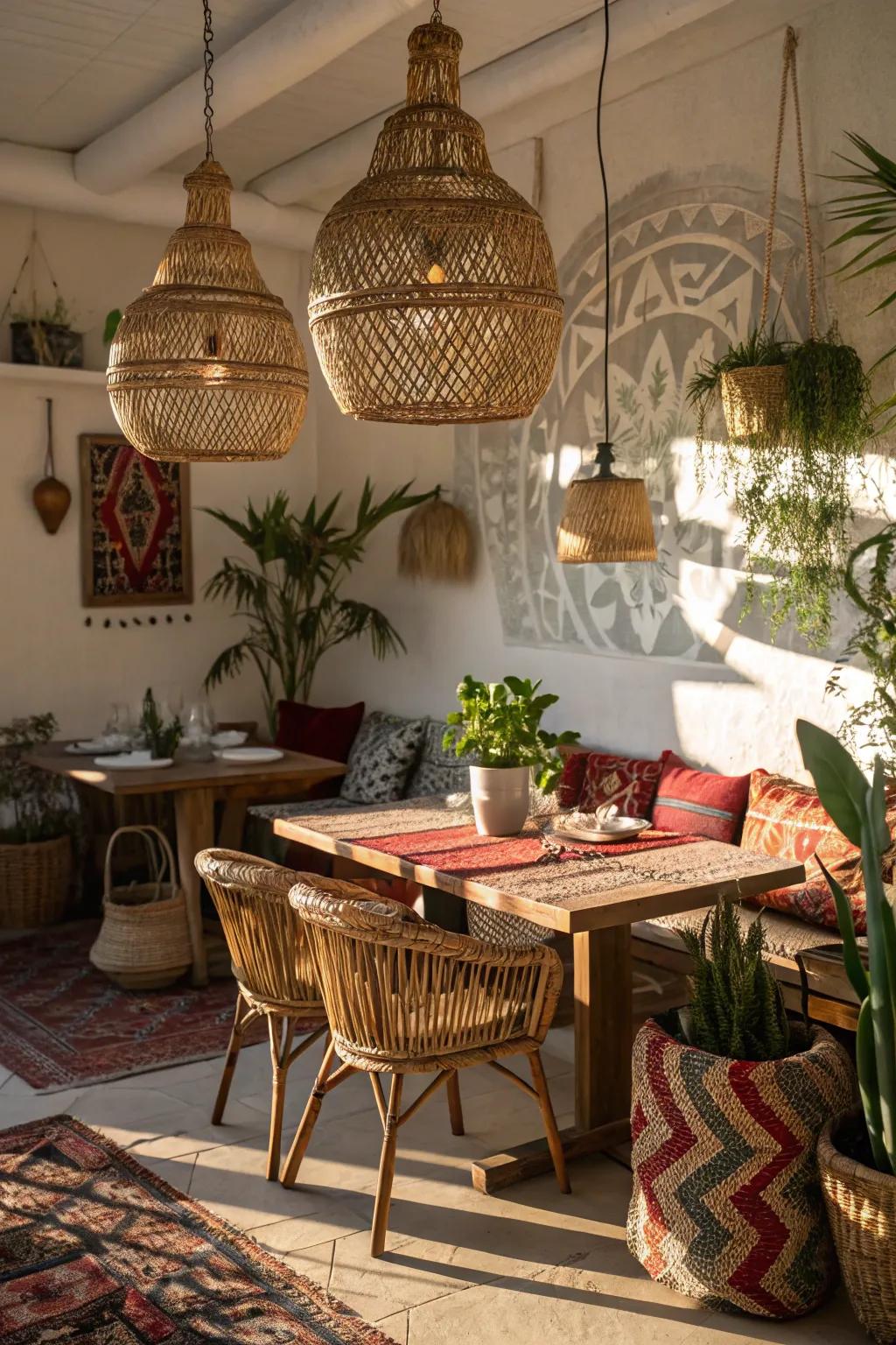 Wicker pendant lights projecting gorgeous shadows in a bohemian dining area.