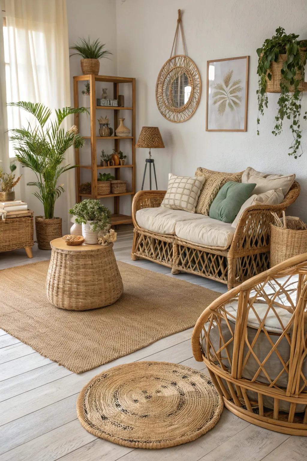 Organic textures fashion a tranquil and grounded bohemian living area.