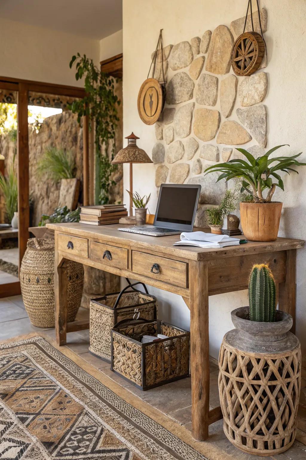 A boho office enhanced with natural items like wood and plants.