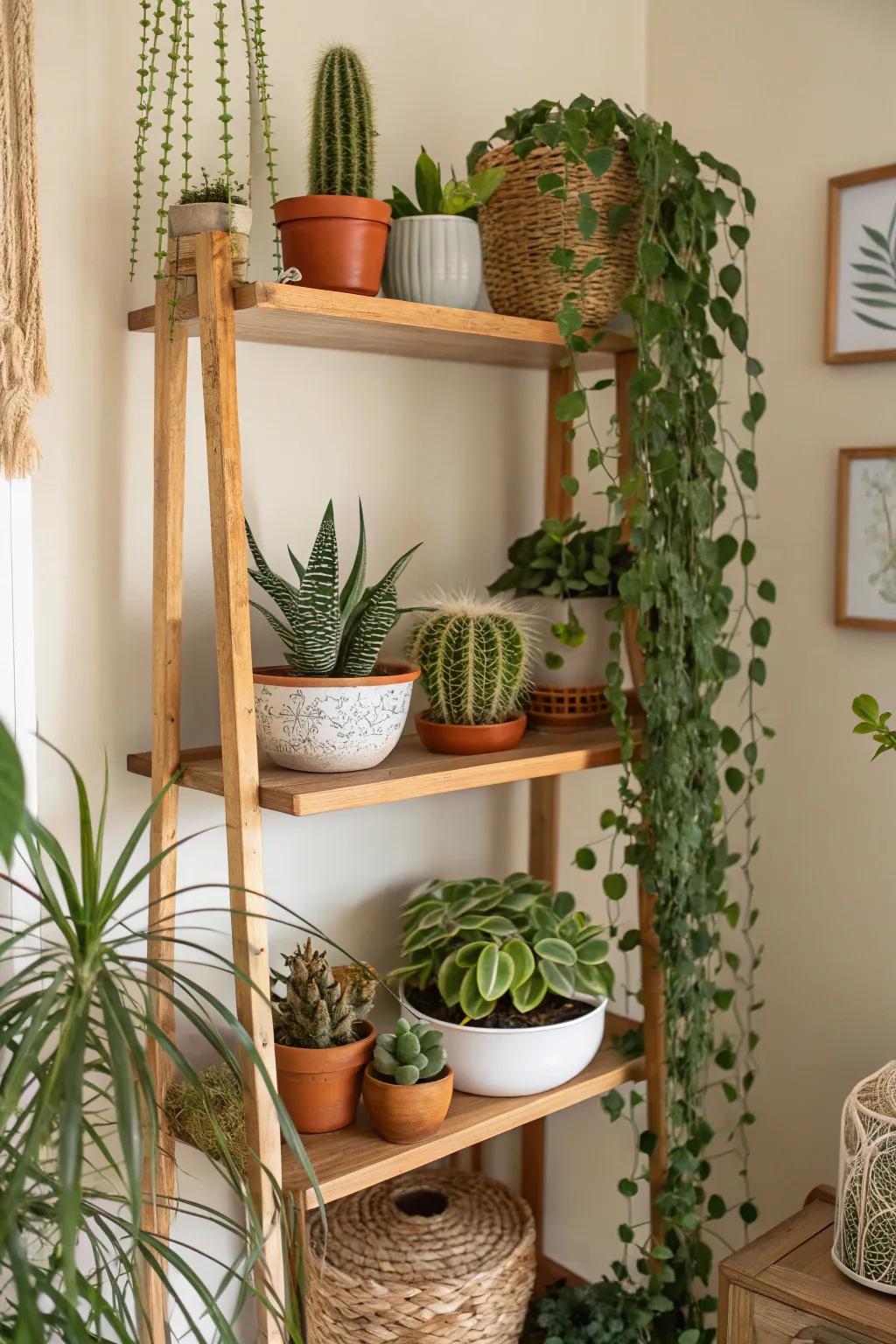 Brighten your shelves with diverse indoor plants.