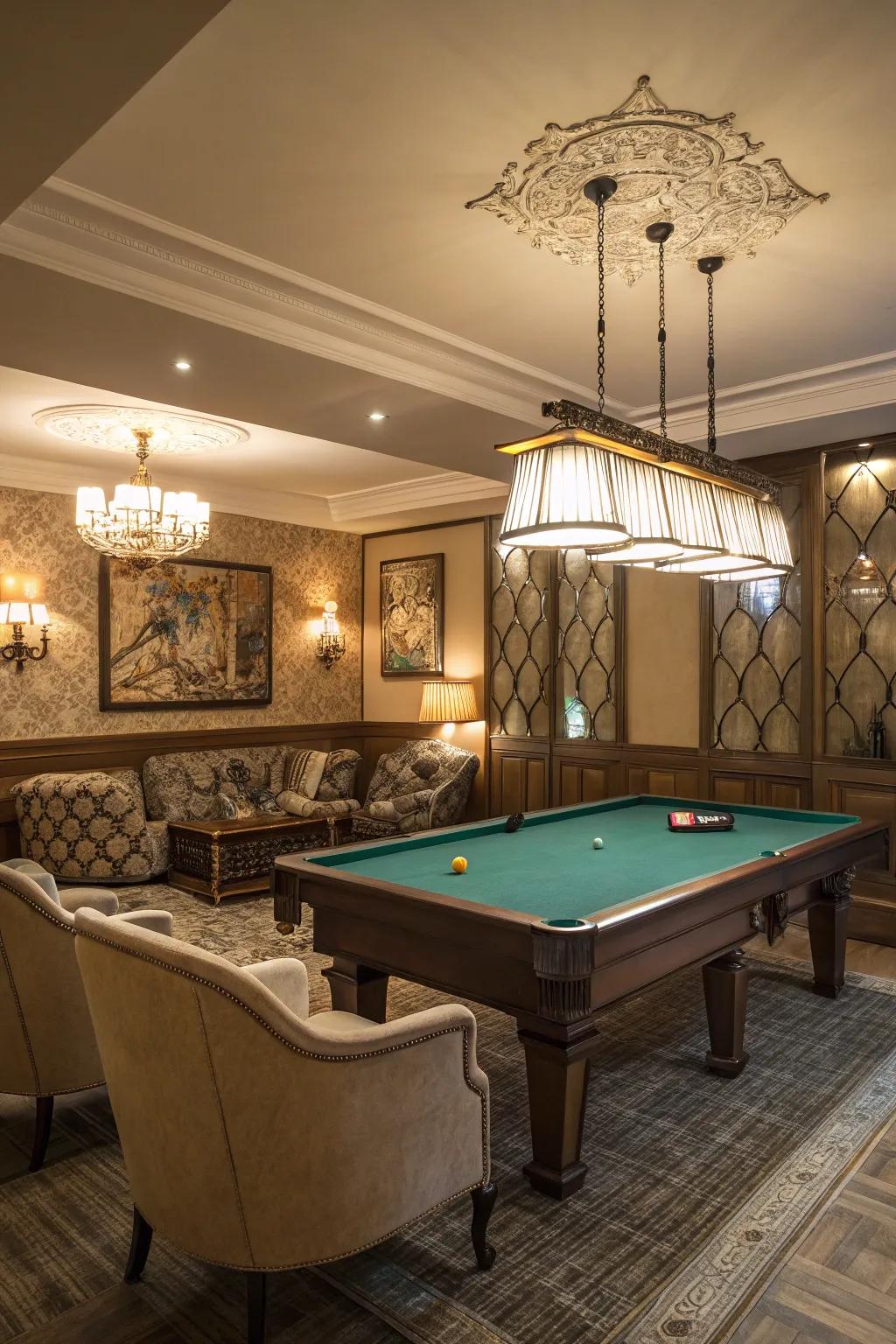 A classic game room featuring a pool table as the centerpiece.