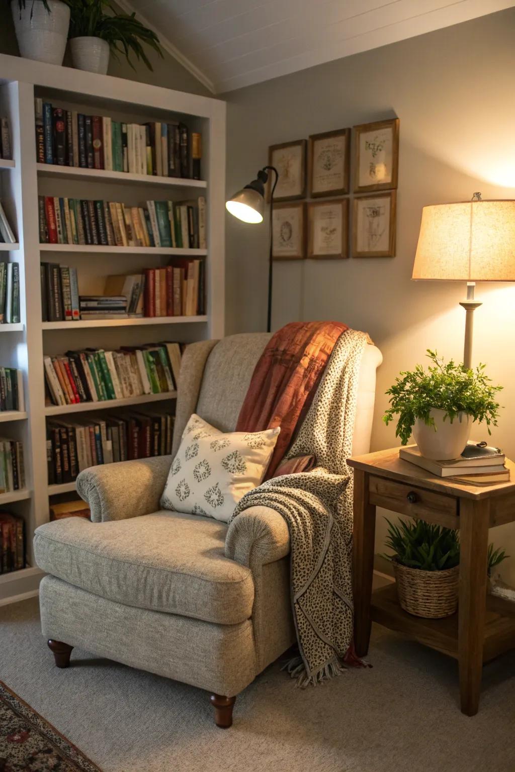 Design a reading sanctuary in your flex room with comfortable seating and neatly arranged bookshelves.