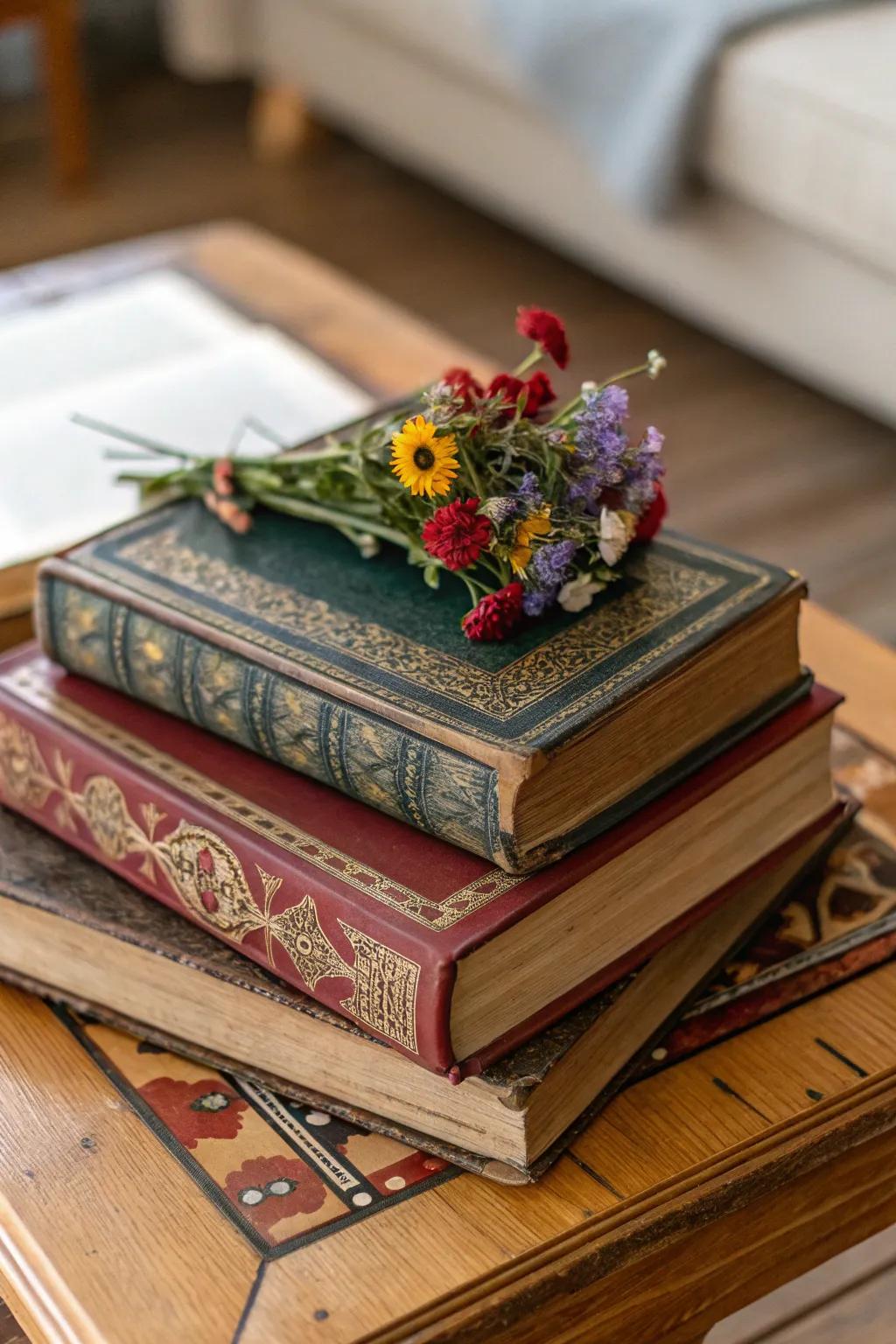 A classic centerpiece featuring stacked vintage novels enhanced with fresh flowers.