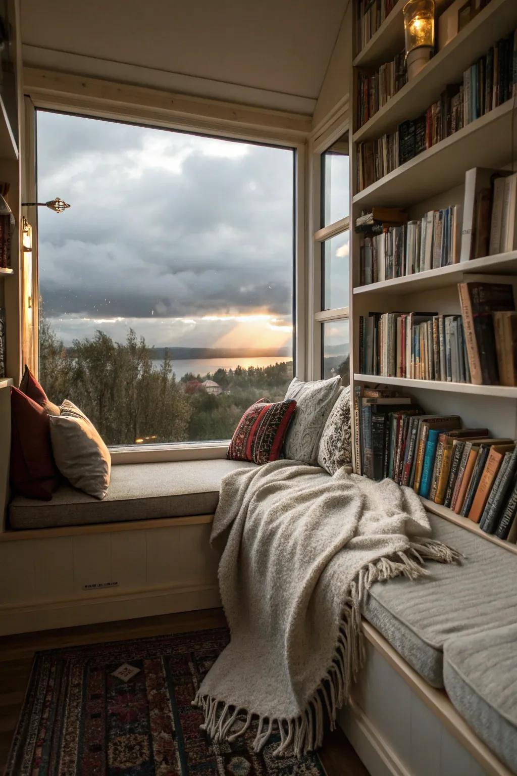 A window seat reading nook boasting a captivating view and inviting decorations.