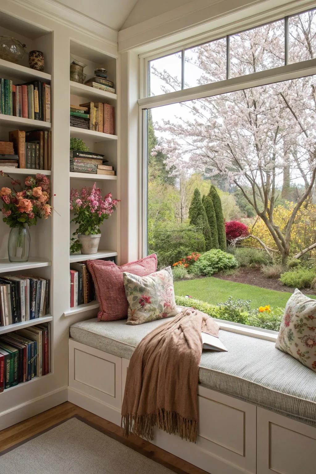 A window seat transformed into a cozy reading nook with natural light.