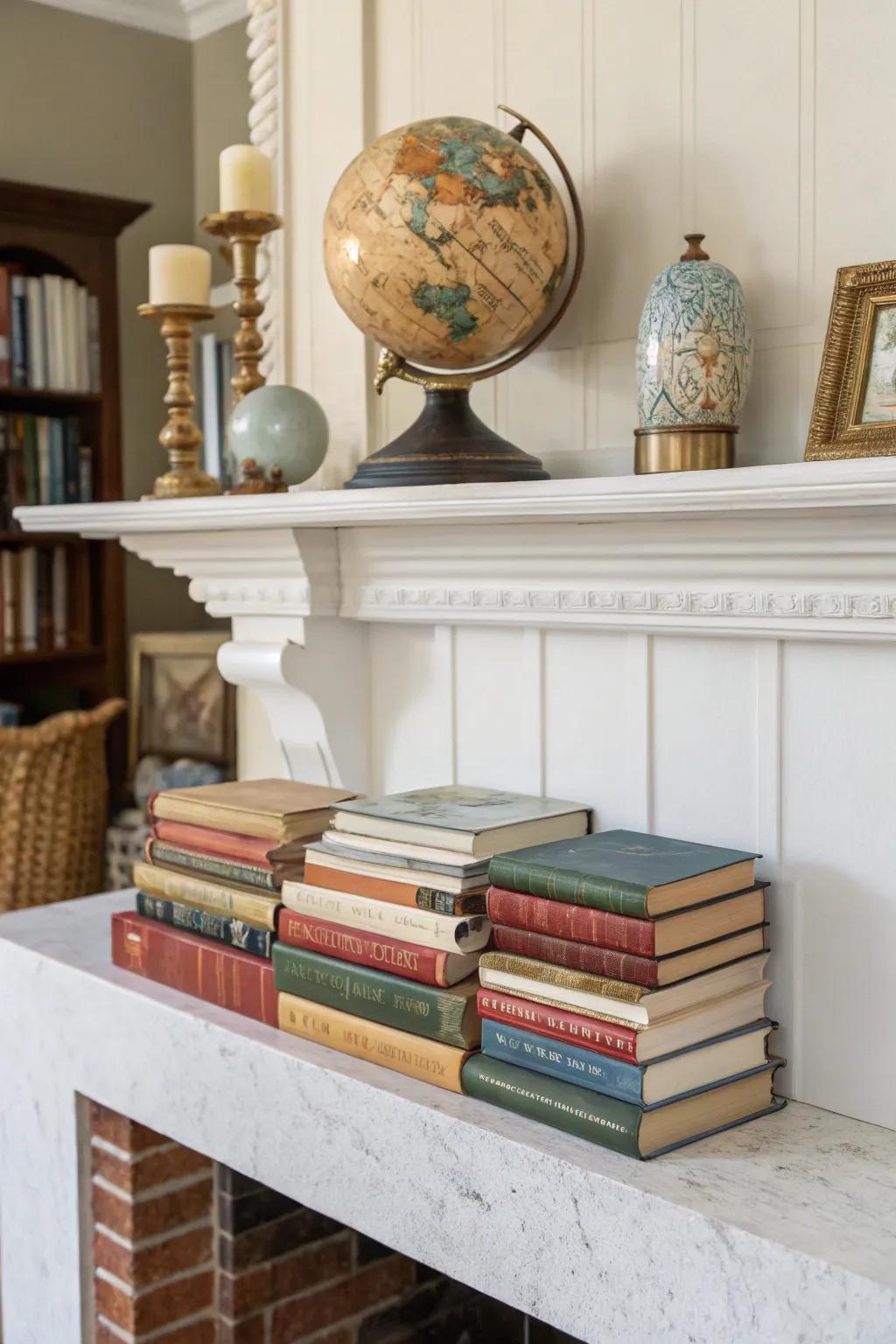 Creatively stacked books add vertical interest and charm.