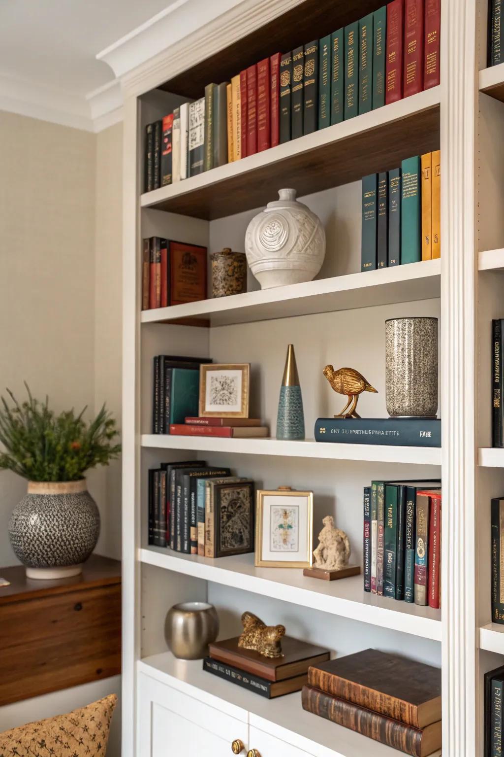 A balanced arrangement featuring both reading material and charming decorative elements.