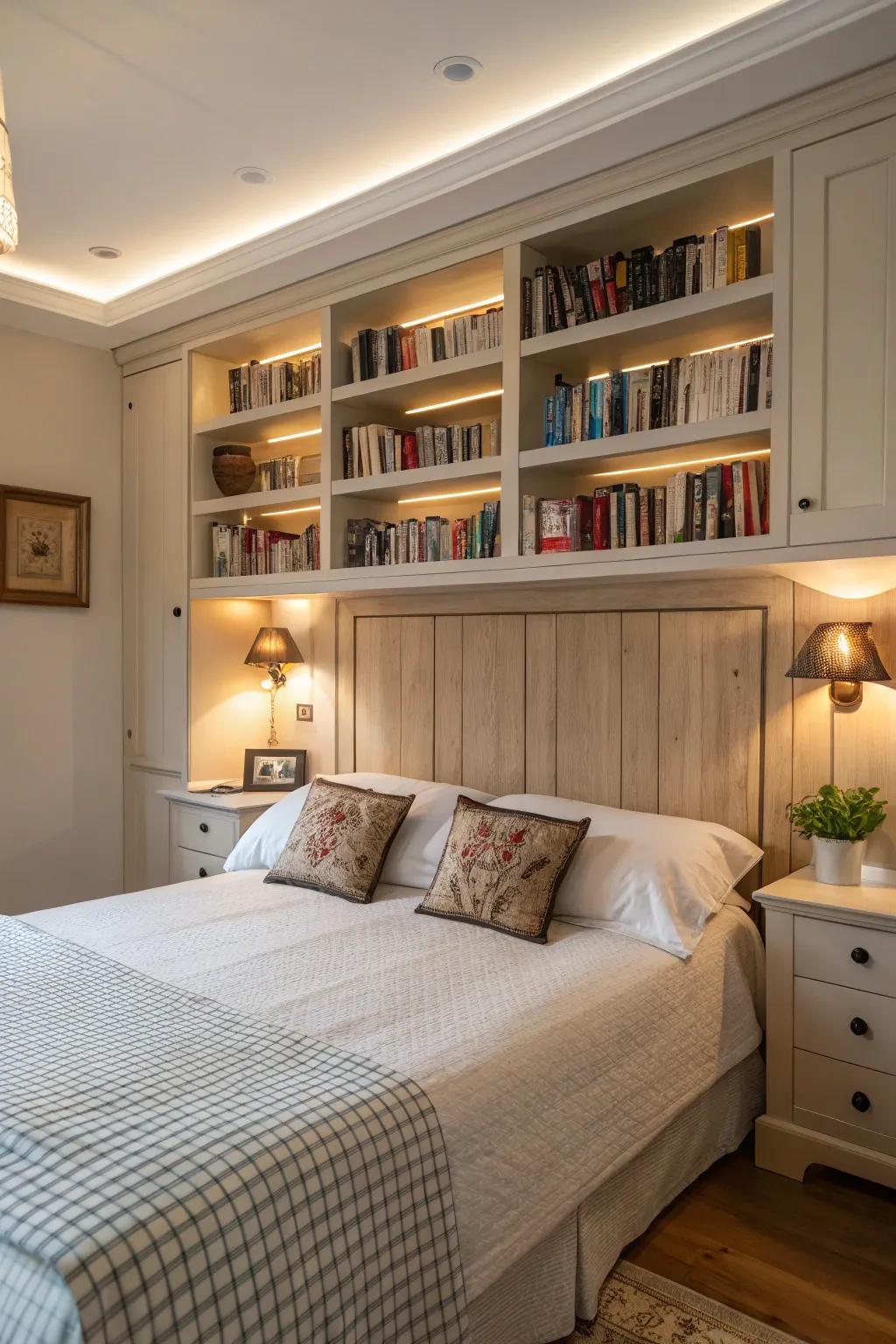 A smart utilization of headboard space ideal for book enthusiasts.