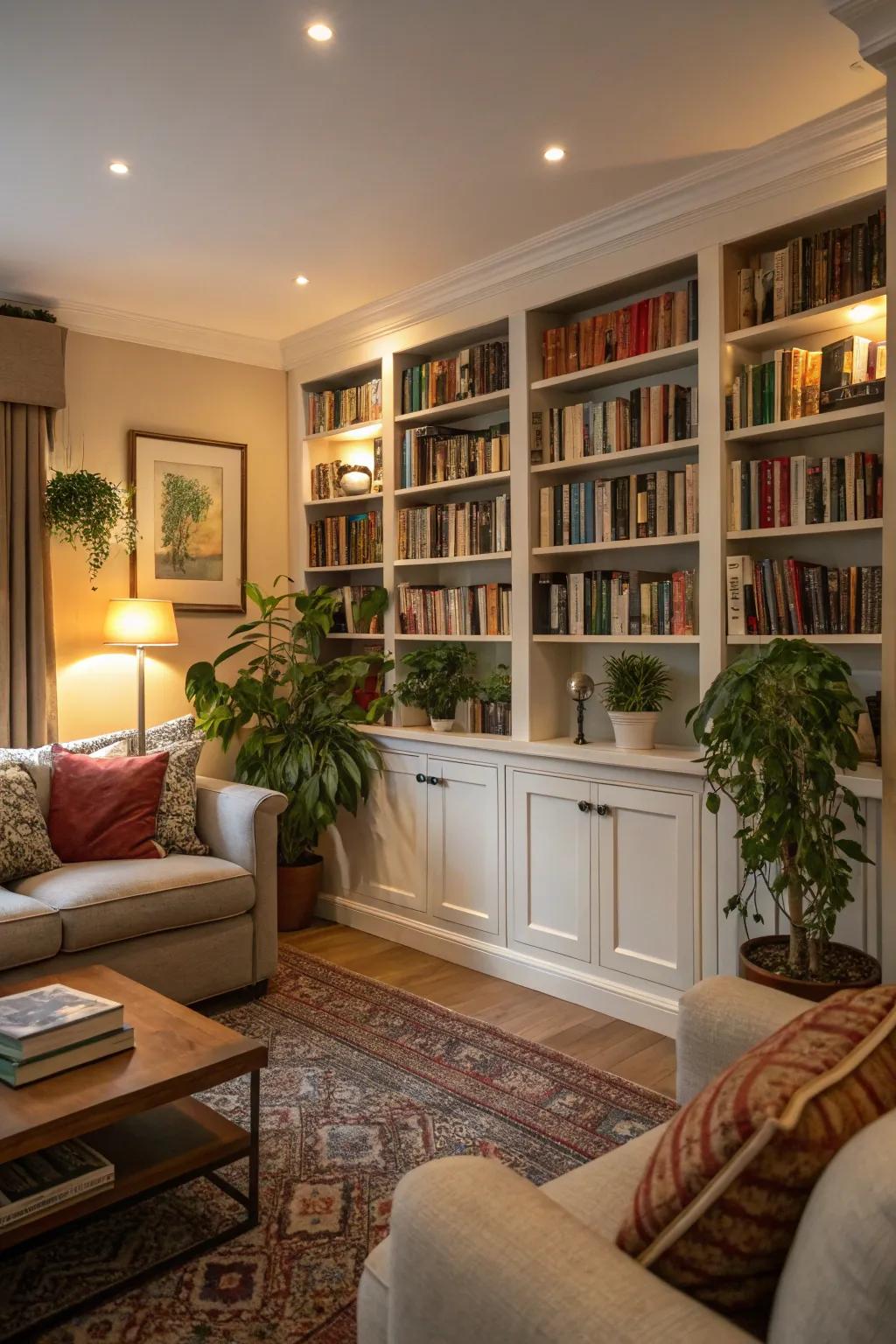 Built-in shelves turn a living room into a snug library.