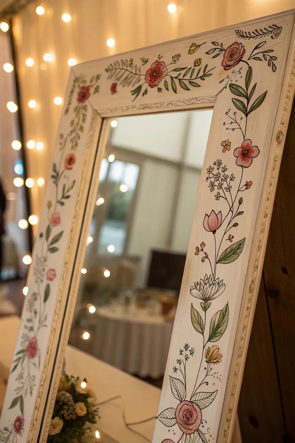 Hand-drawn floral borders introduce a whimsical touch to any mirror.