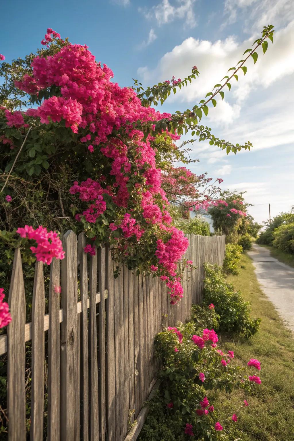 A wooden fence converted into a striking display with bougainvillea.