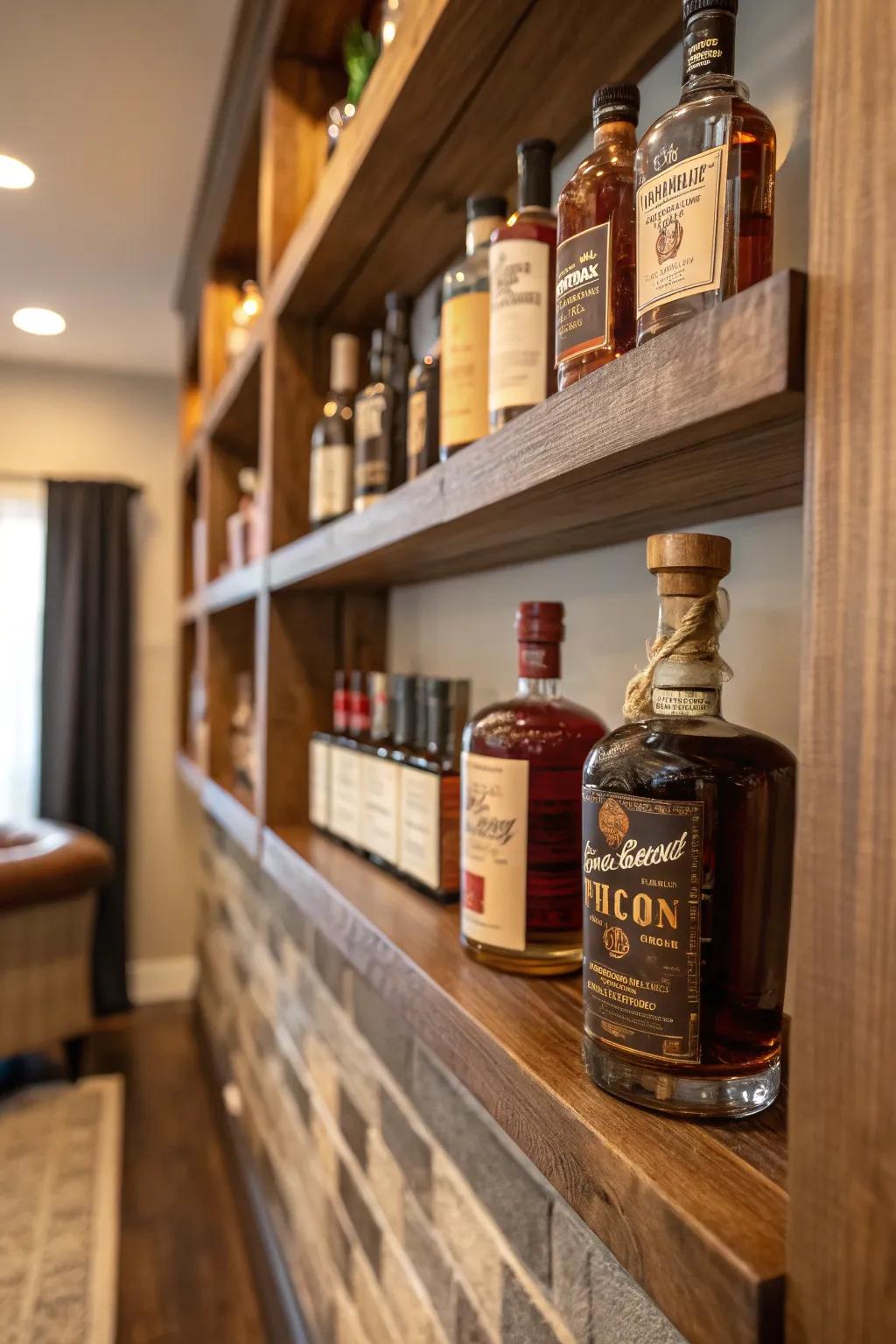 Country-style wall-mounted racks fashion an appealing bourbon showcase.