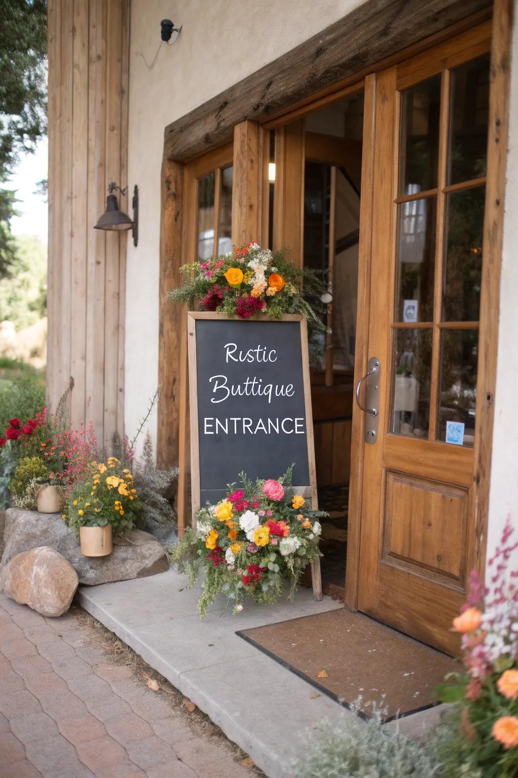 A delightful chalkboard sign that introduces a personal touch to a boutique's entrance.