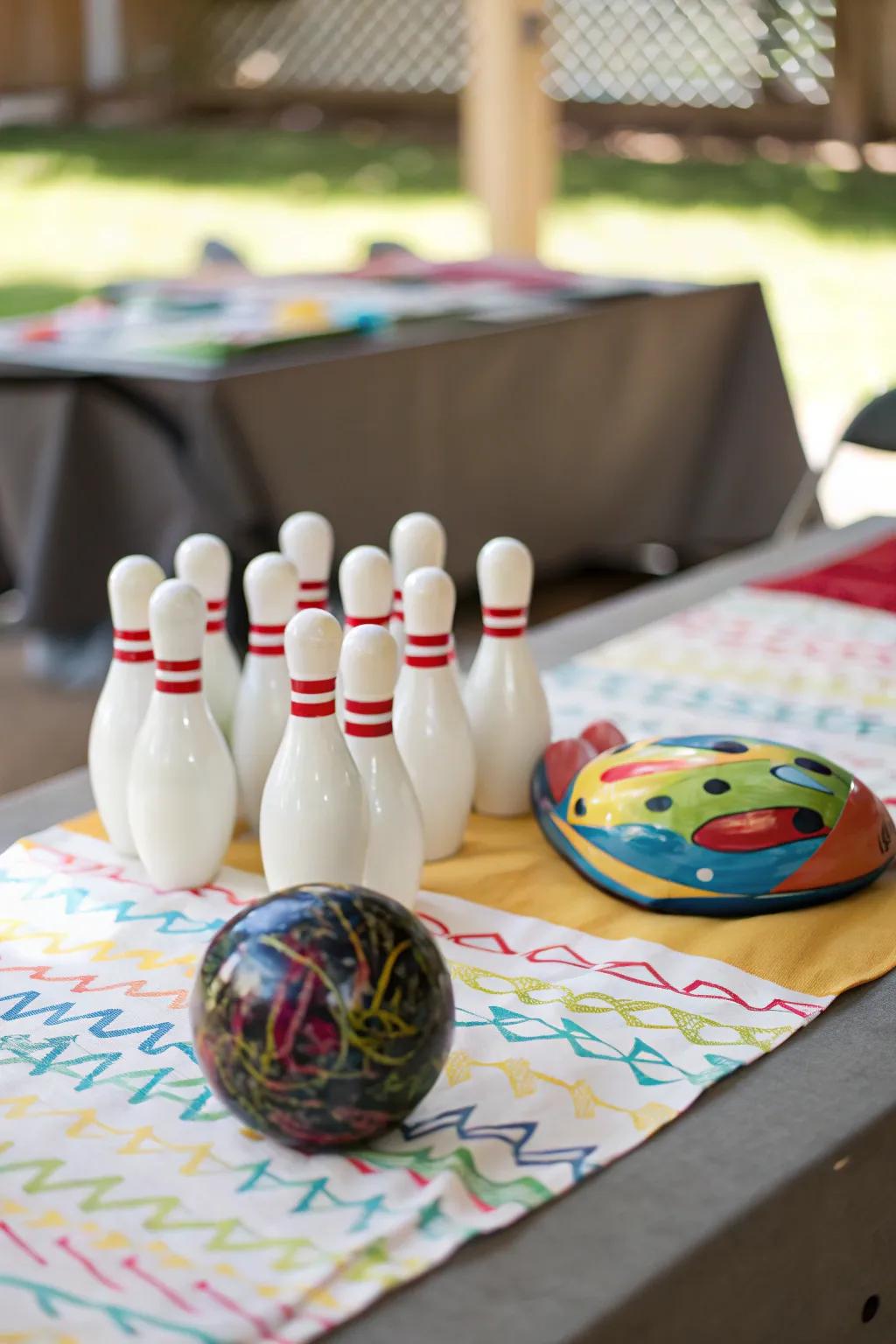 Timeless pairing of bowling pins and a sphere for a captivating centerpiece.