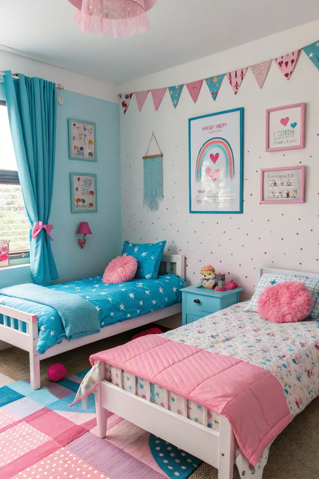 Use contrasting colors such as blue and pink to make distinct yet connected spaces.