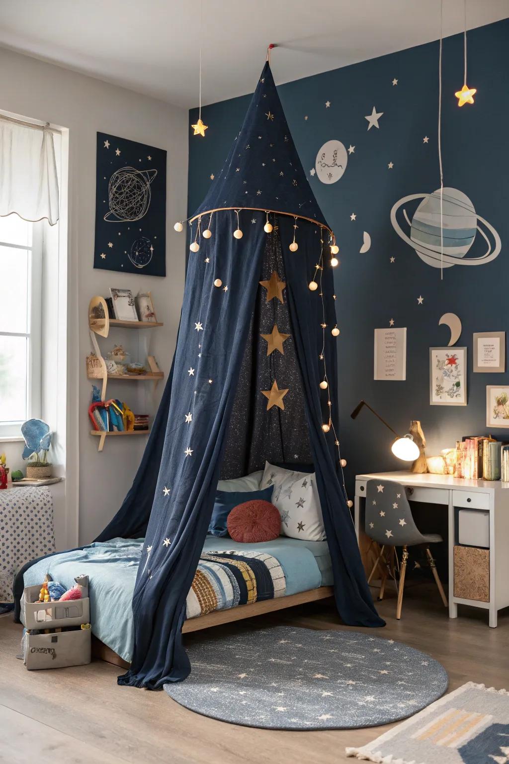Take off into dreamland with a canopy bed perfect for a space explorer.