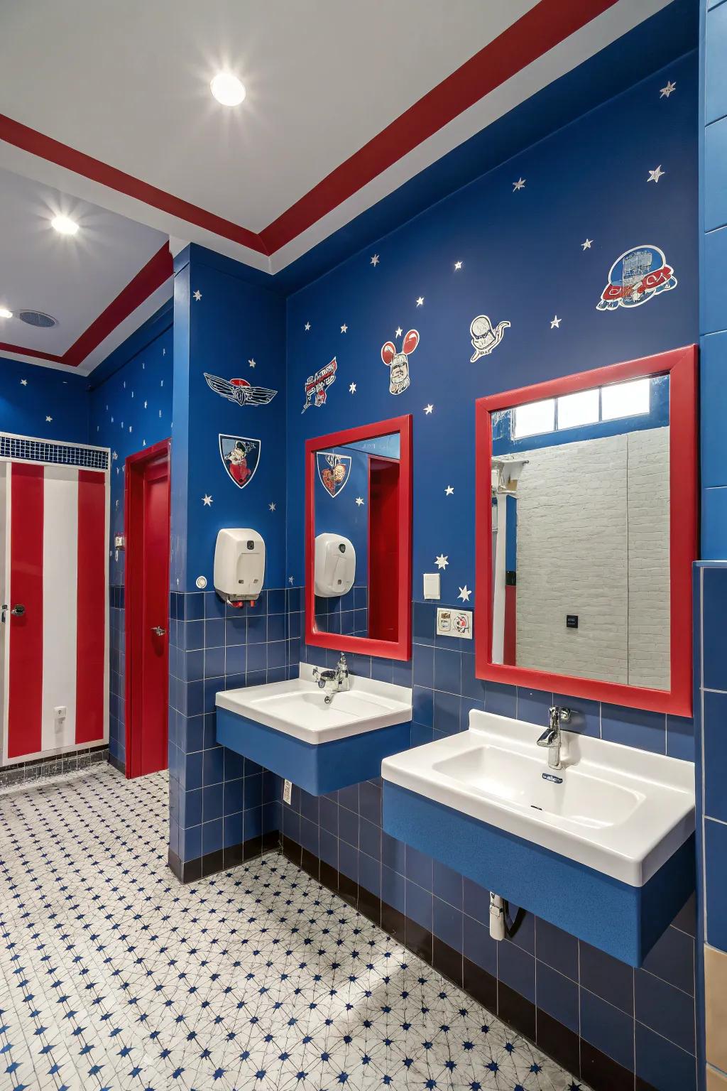 A vibrant boys' bathroom featuring a bold blue and red color scheme.