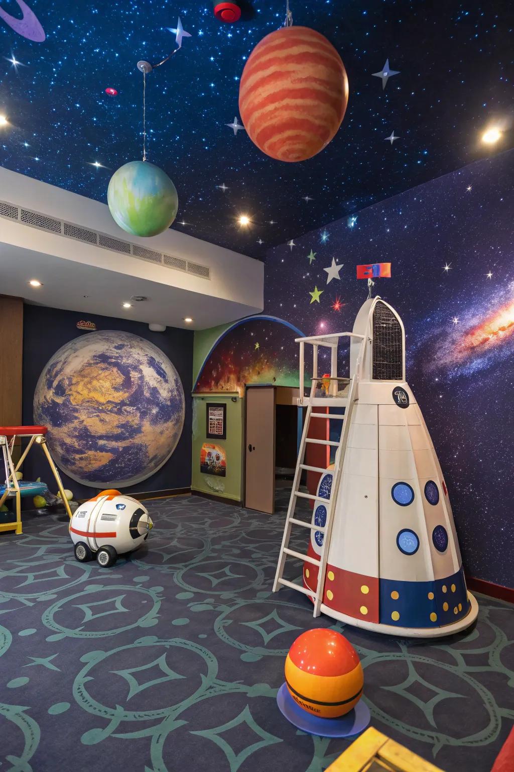 A playroom decked out in a celestial theme, boosting imagination to unprecedented degrees.