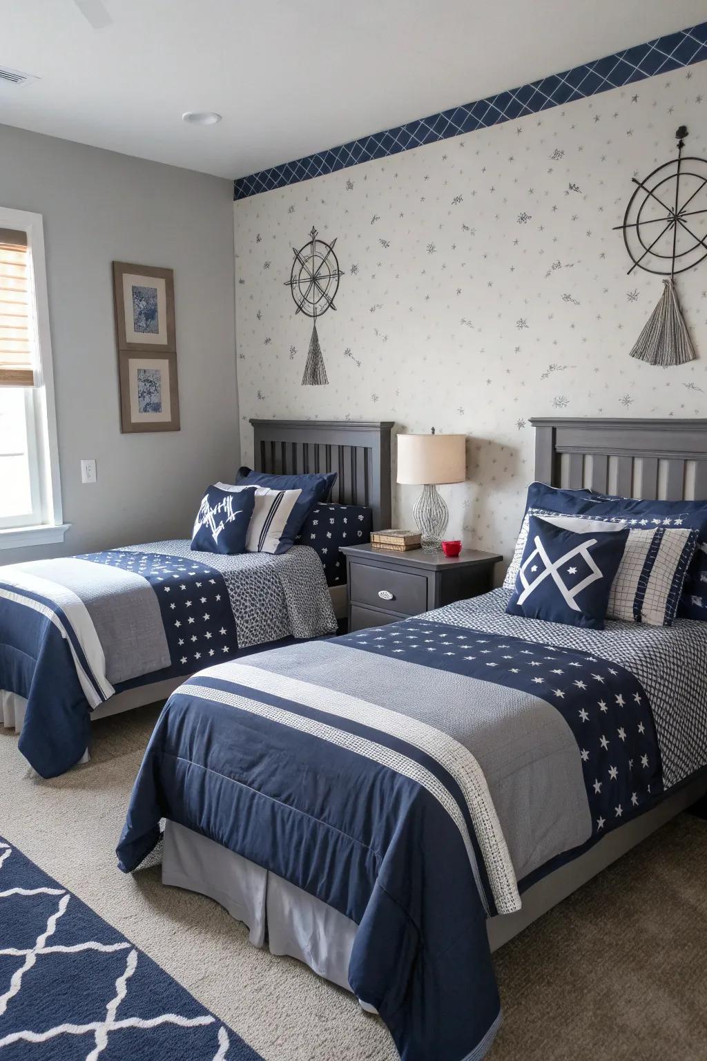 A balanced blend of deep blue and gentle gray provides a classic appeal.