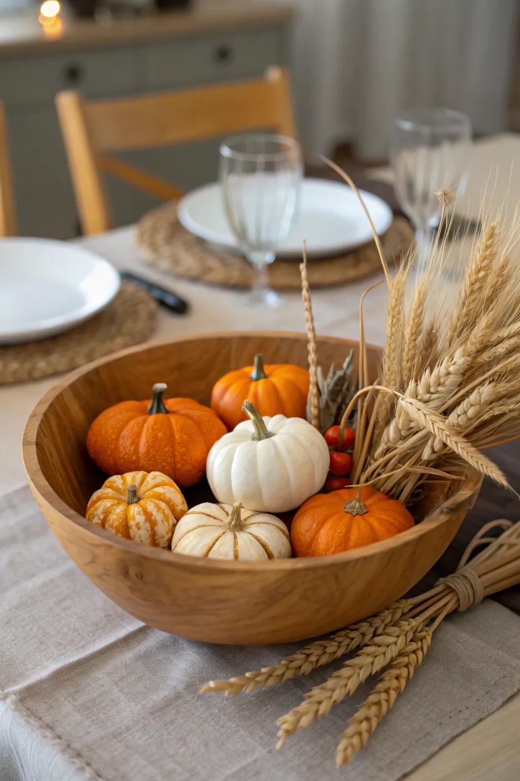 A fall-inspired gourd arrangement in a bread bowl
