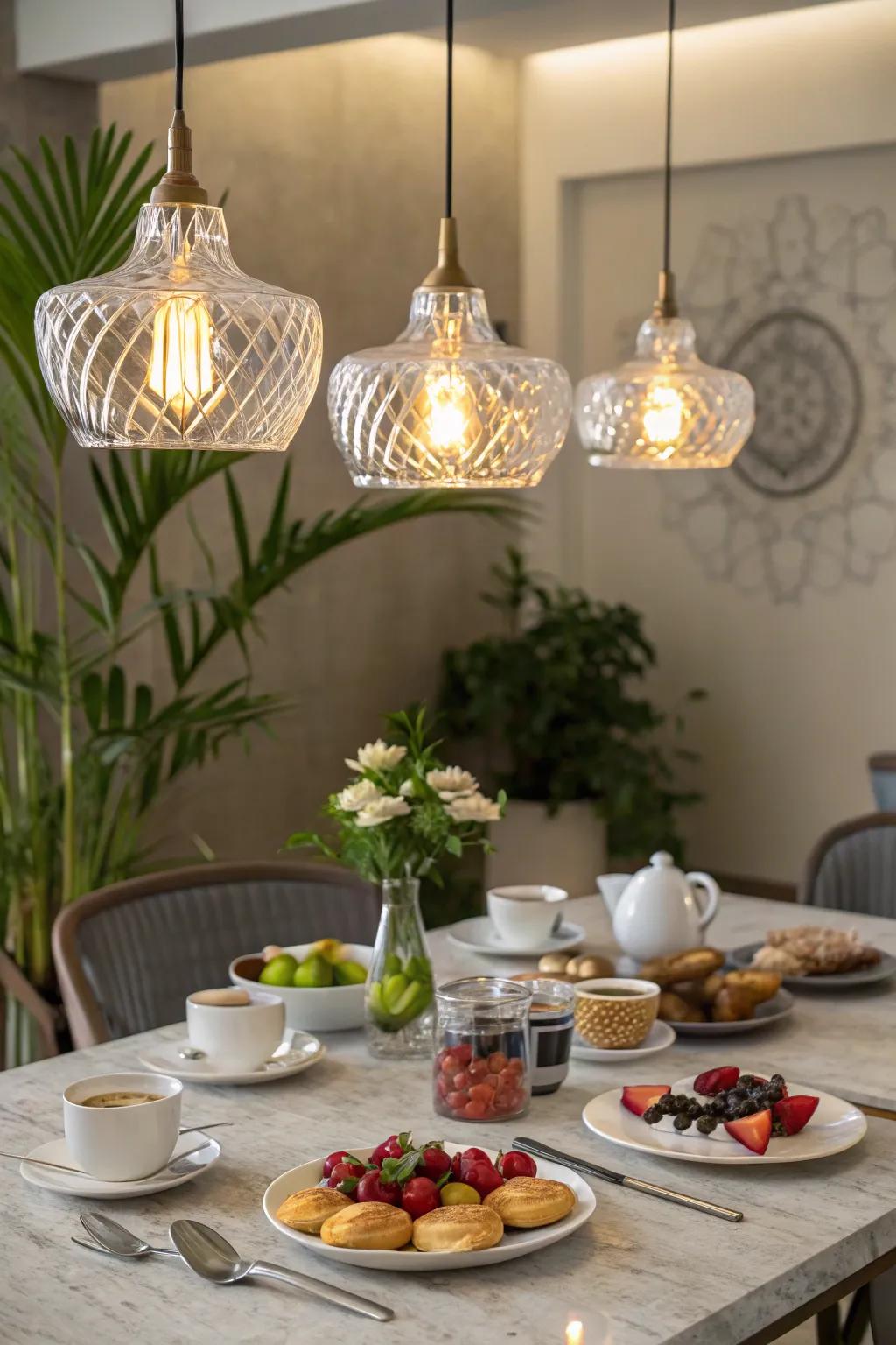Sophisticated hanging lights amplifying the allure of a breakfast table.