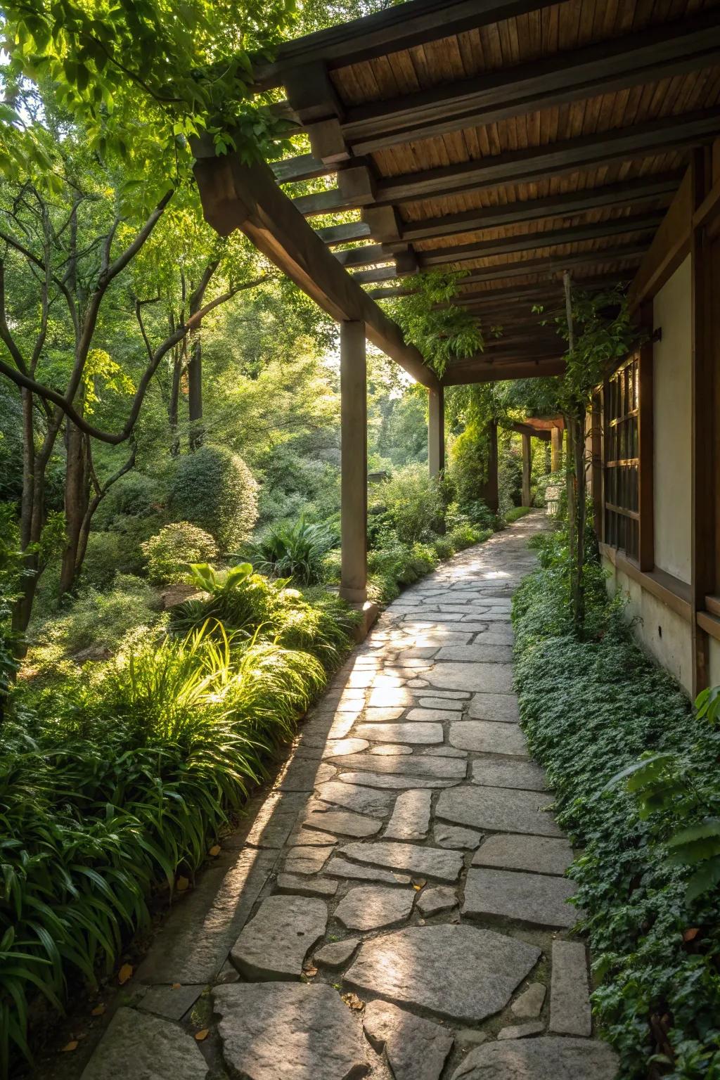 A charming stone pathway that infuses a rustic element into the breezeway.