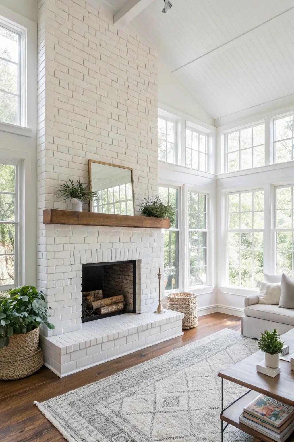 A fireplace painted white blends effortlessly into a modern living space.