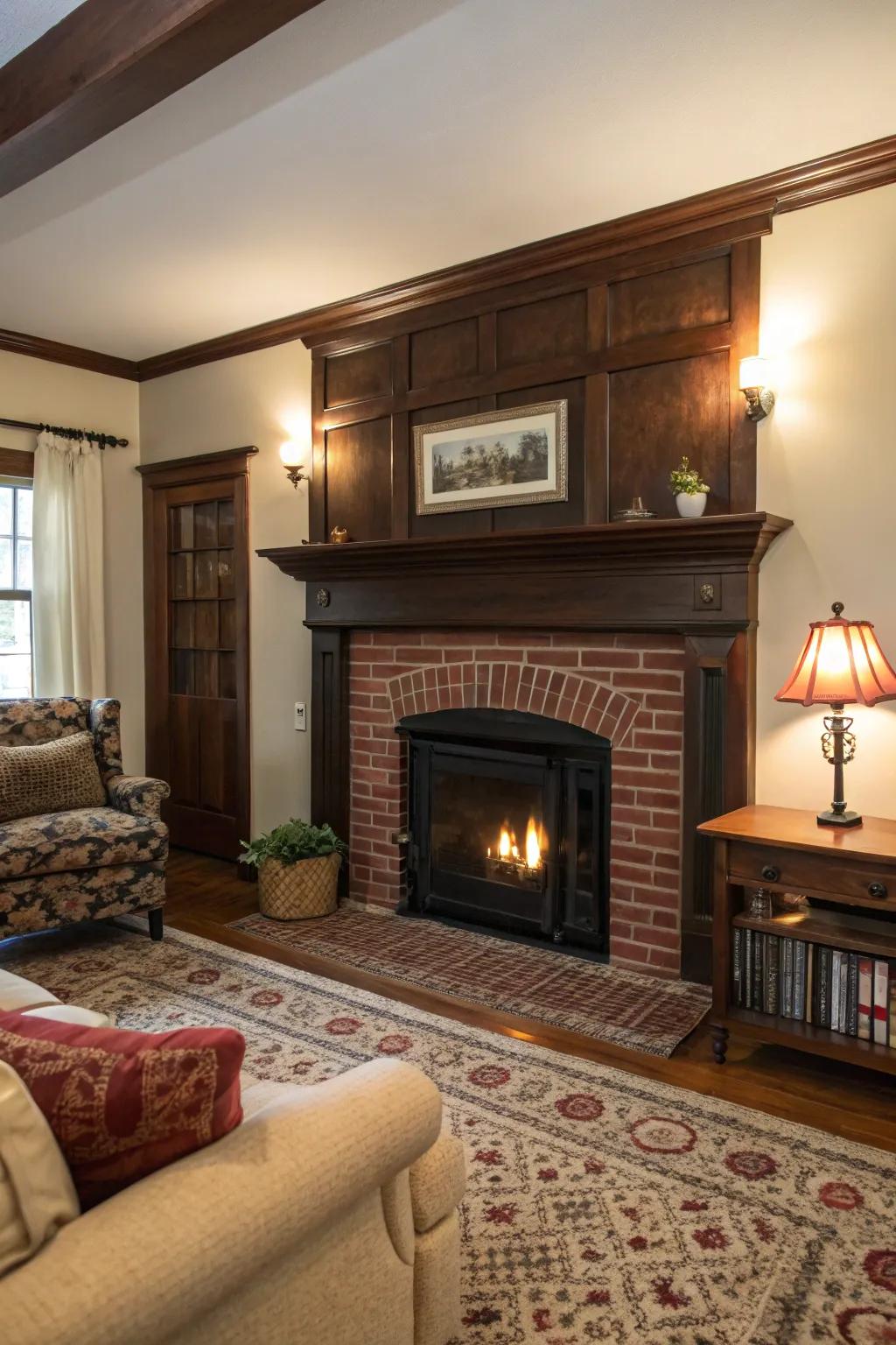 A classic red brick hearth with a dark wood mantel, creating the perfect space for cozy gatherings.