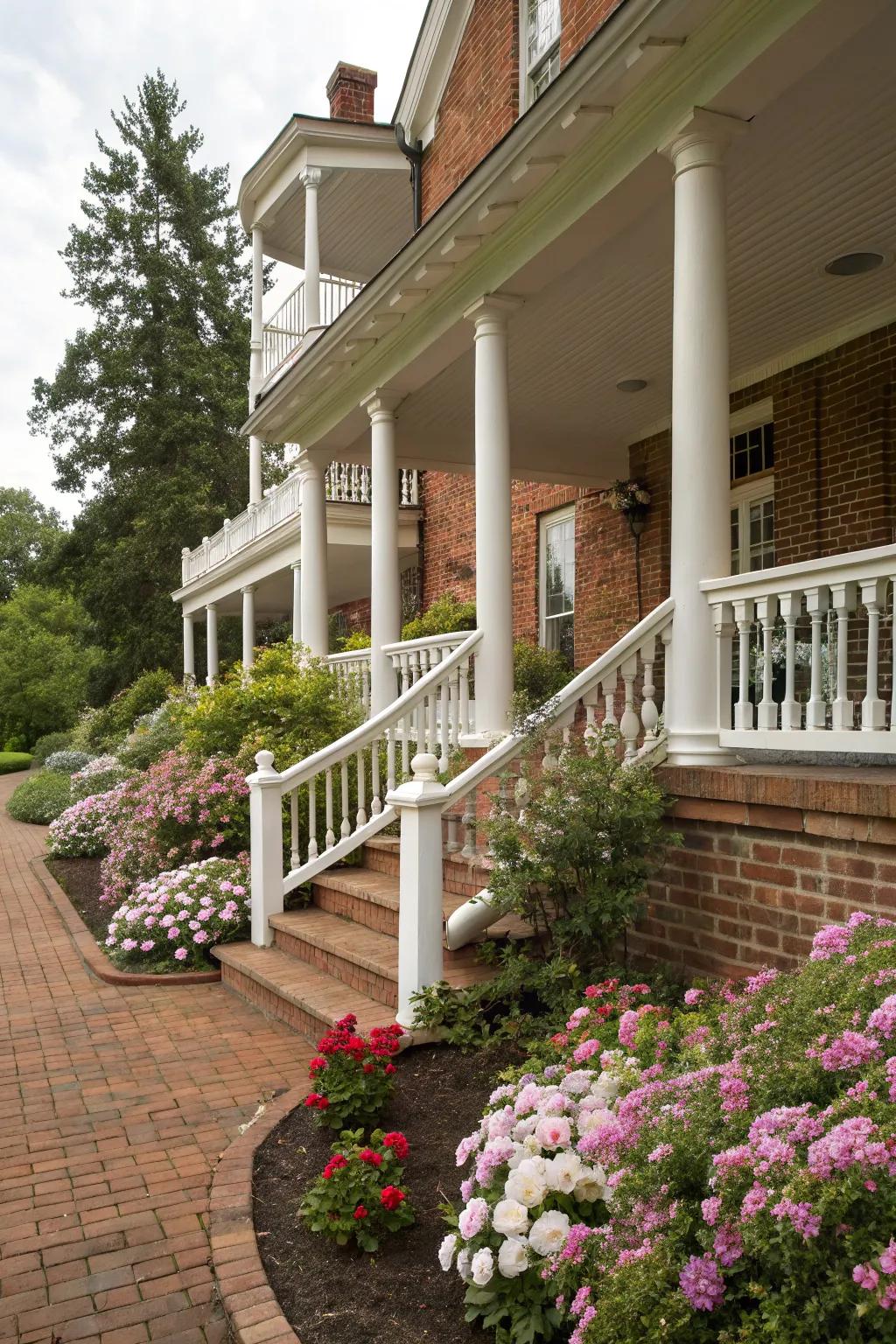 A classic brick porch complemented by white railings and colorful flowers.
