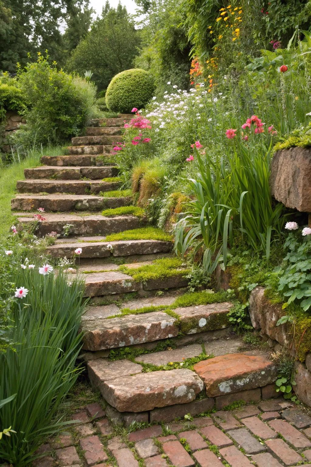Brick steps winding through a flourishing garden scene.
