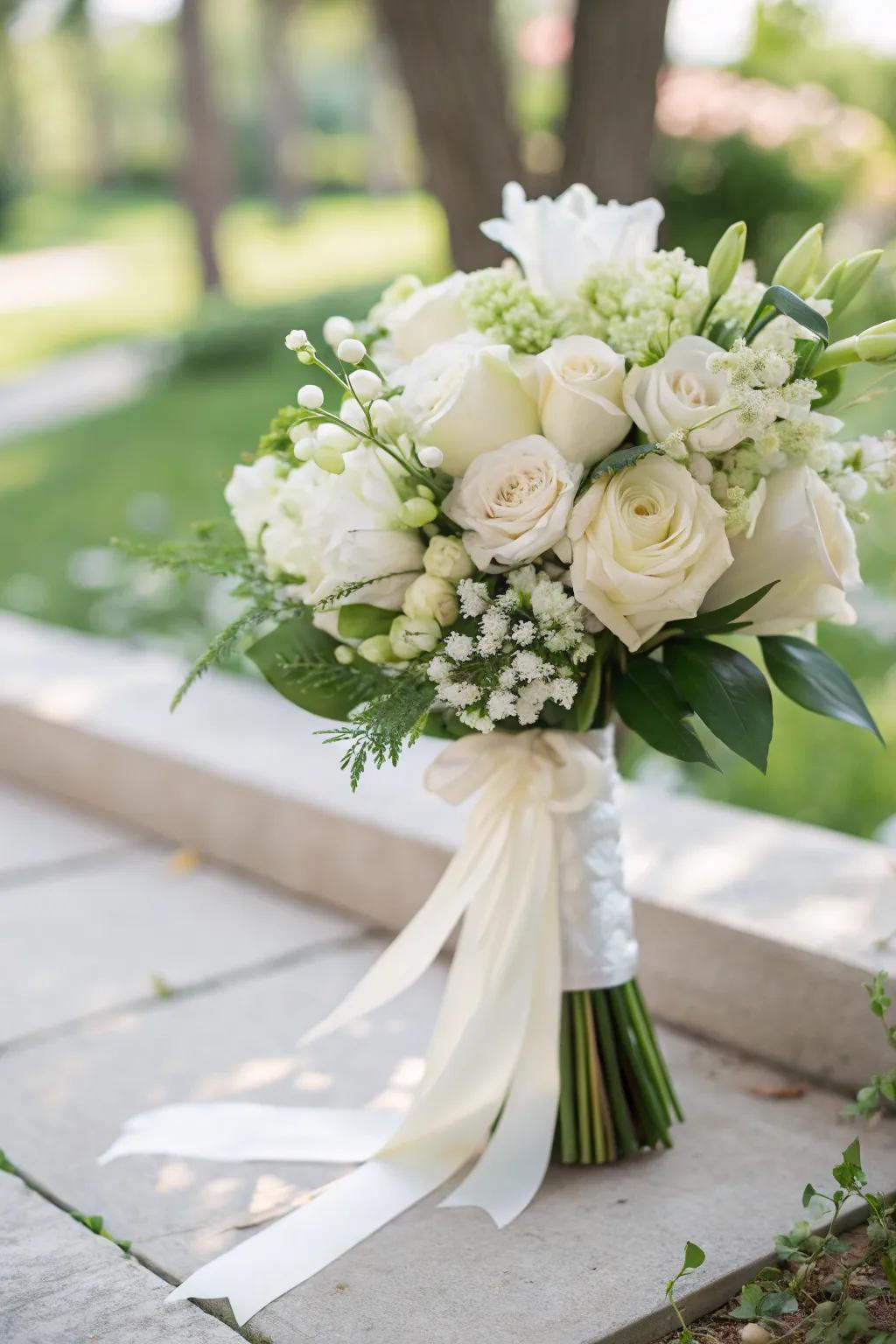 A classic white bouquet harmonizes beautifully with any wedding theme.
