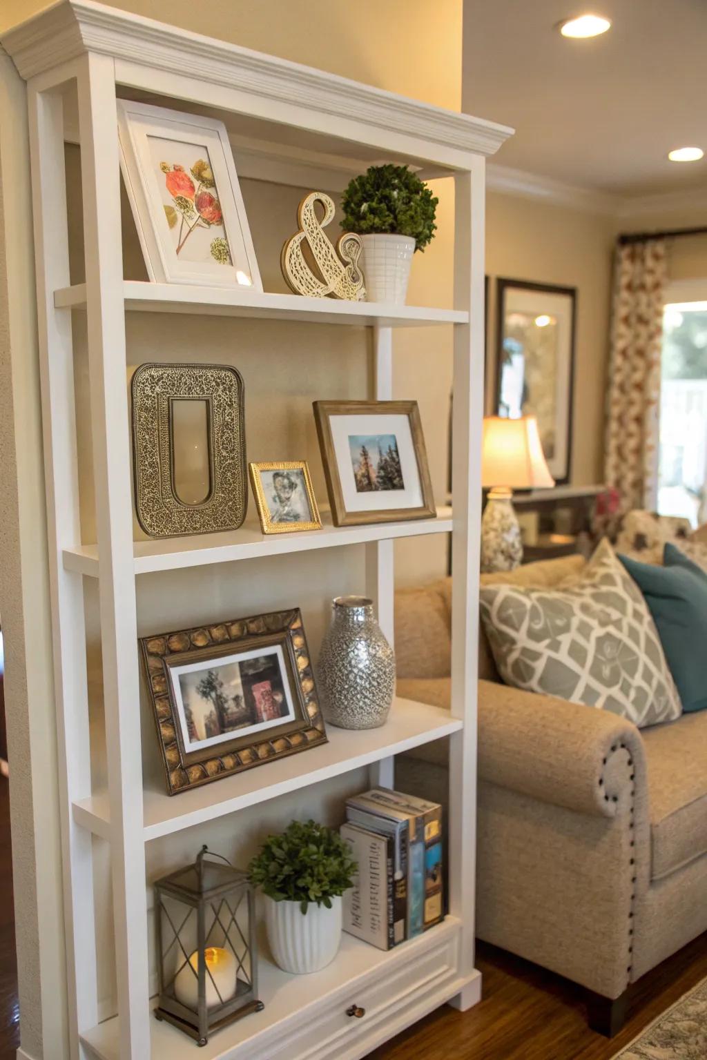Elegant shelf display featuring framed pictures and ornamentation.