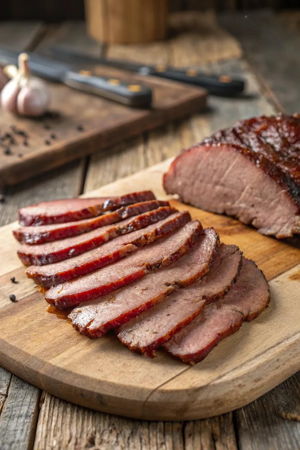 Delicate slices of smokehouse meat arranged artfully in a fanned design.