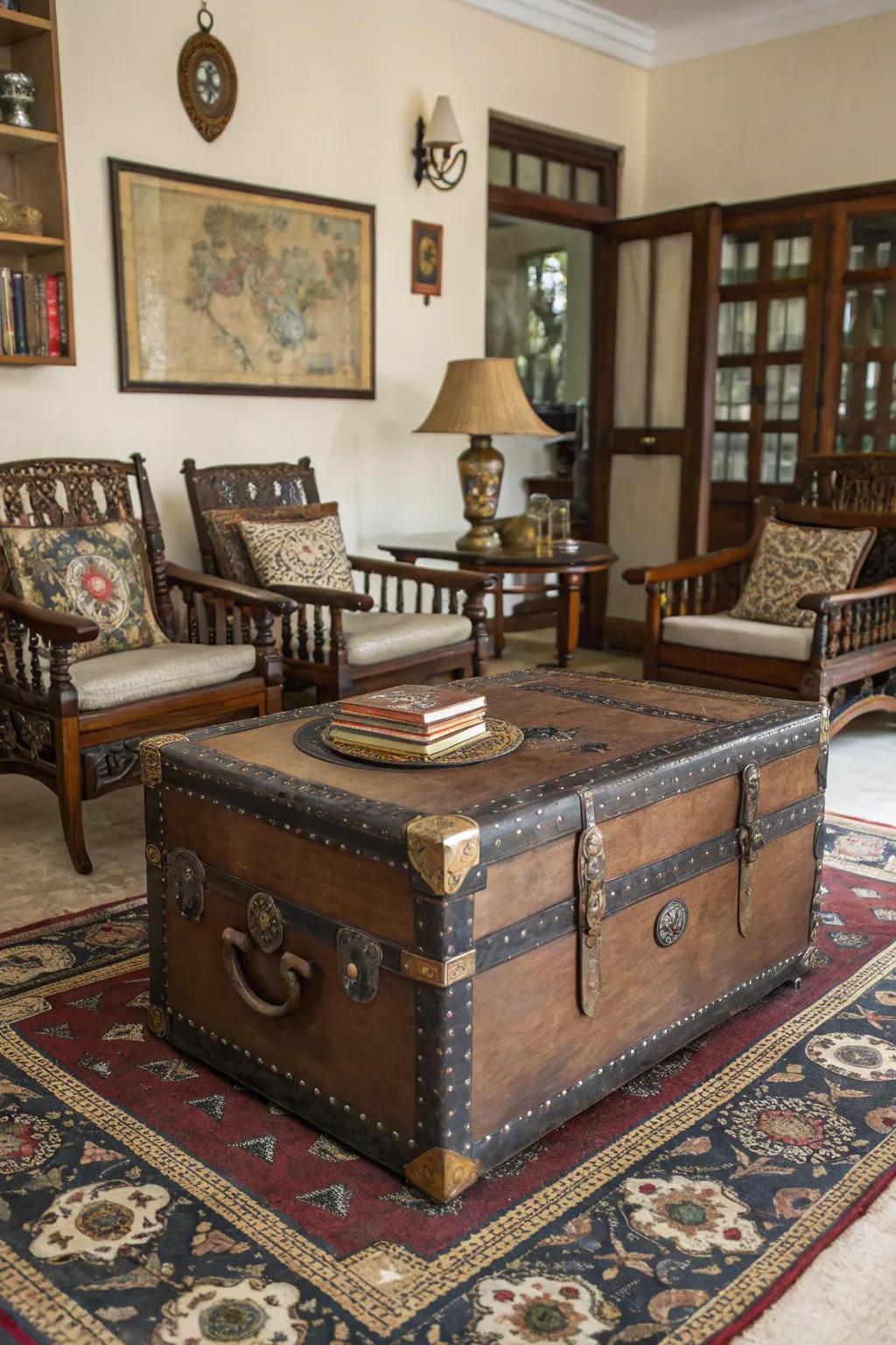 A period trunk repurposed as a coffee table enriches the atmosphere with charm and identity.