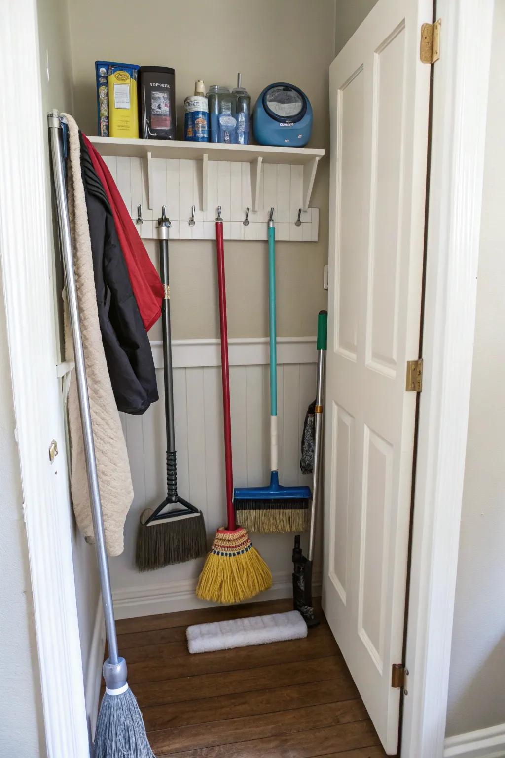 Use vertical storage to keep your cleaning tools accessible and neatly arranged.
