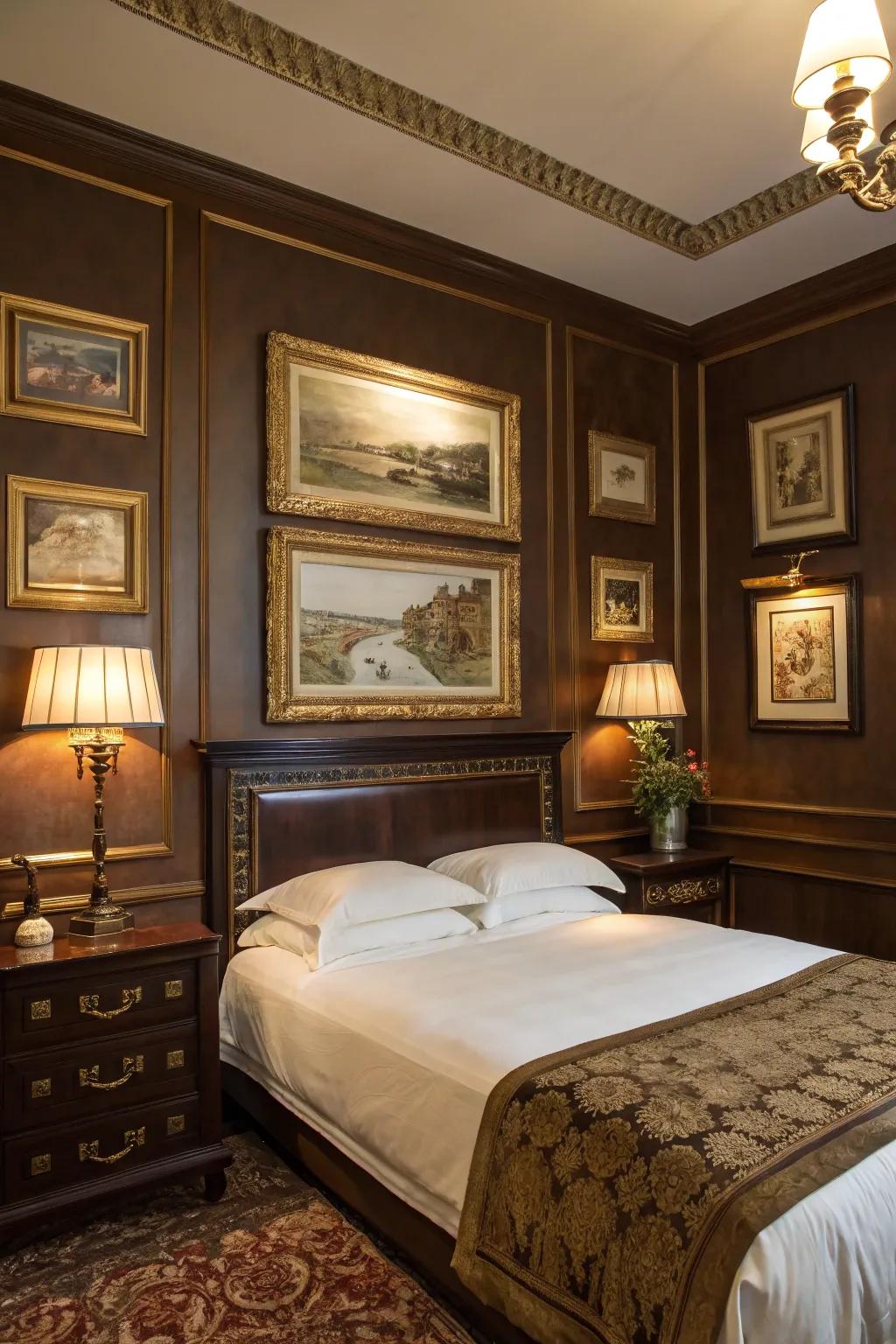 Deep brown walls accented with gold create an inviting atmosphere.