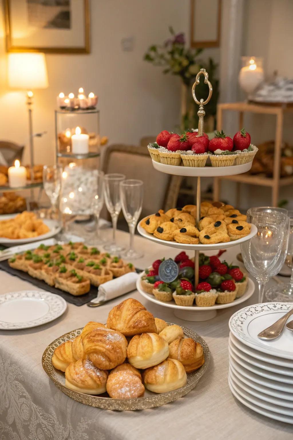 Tiered stands provide an elegant and visually appealing buffet arrangement.
