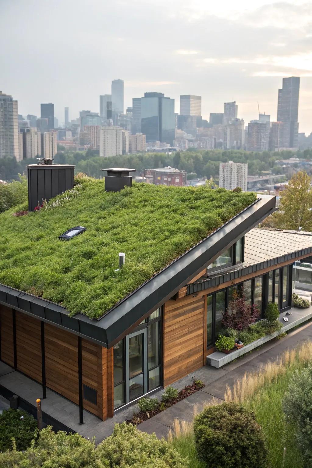 A contemporary residence featuring a plant-covered roof, bringing a hint of nature to city life.