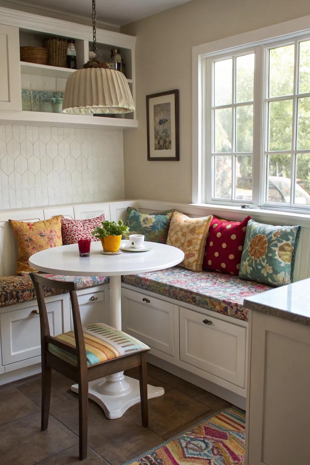 A delightful corner banquette that's great at making the most of kitchen space.