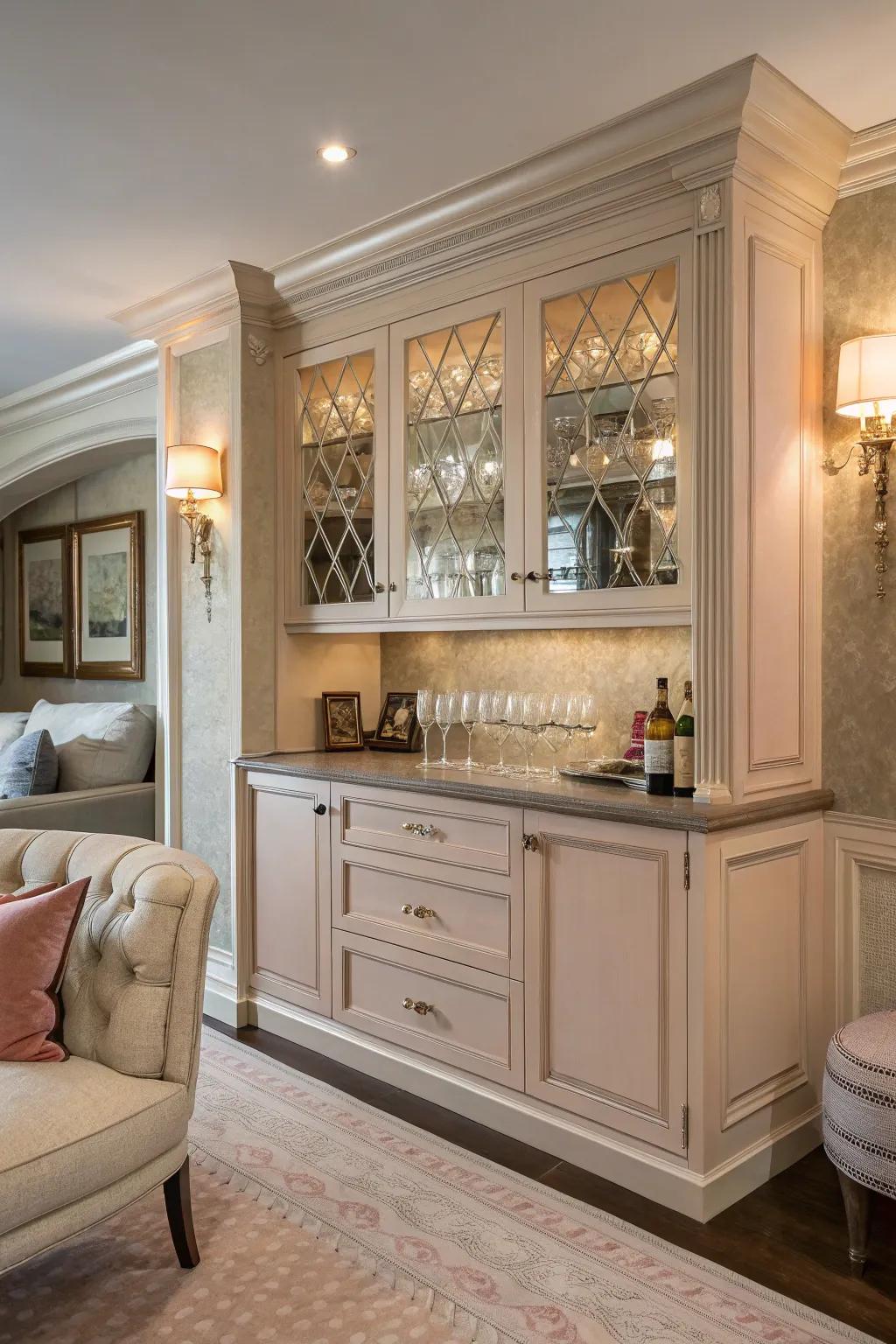 A niche converted into a cozy bar space with gentle shades and detailed features.