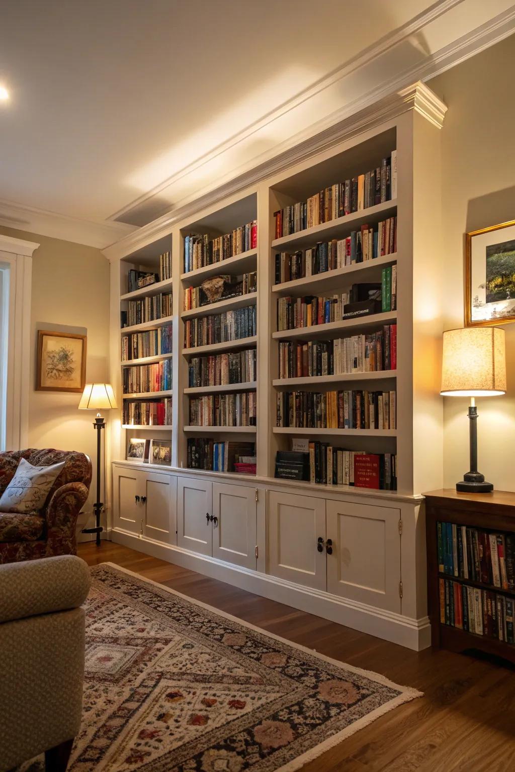 A captivating floor-to-ceiling bookshelf serves as a striking centerpiece.