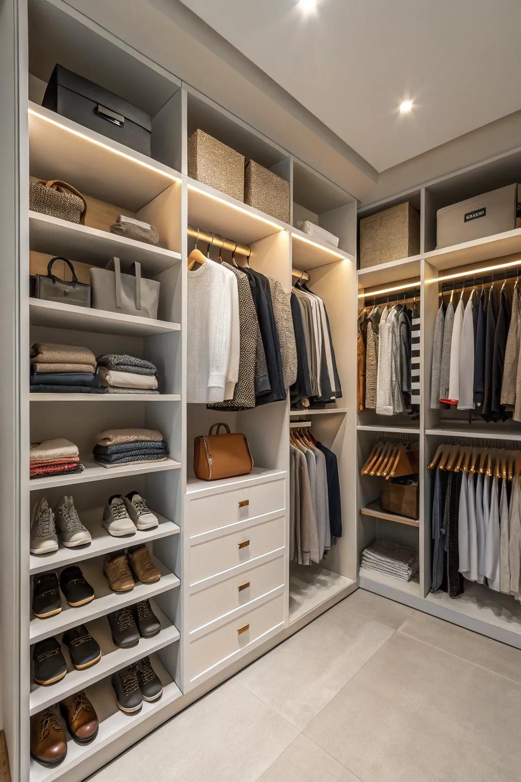 High-reaching shelves maximize the vertical space in this custom closet.