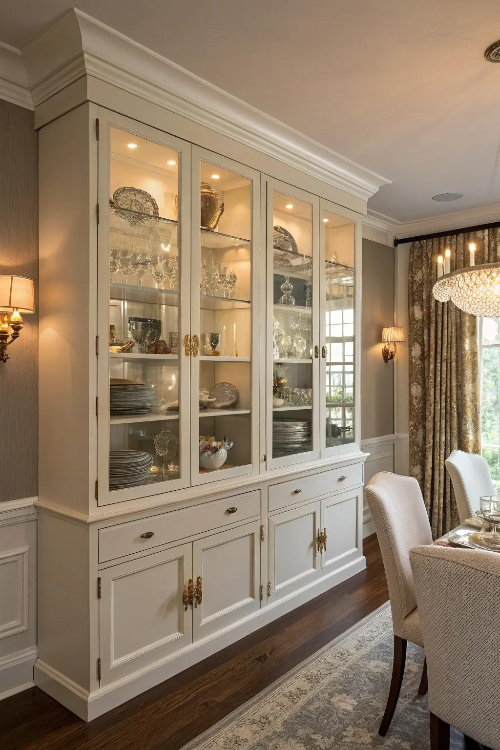 A dining room featuring see-through cabinets that showcase sophisticated tableware.