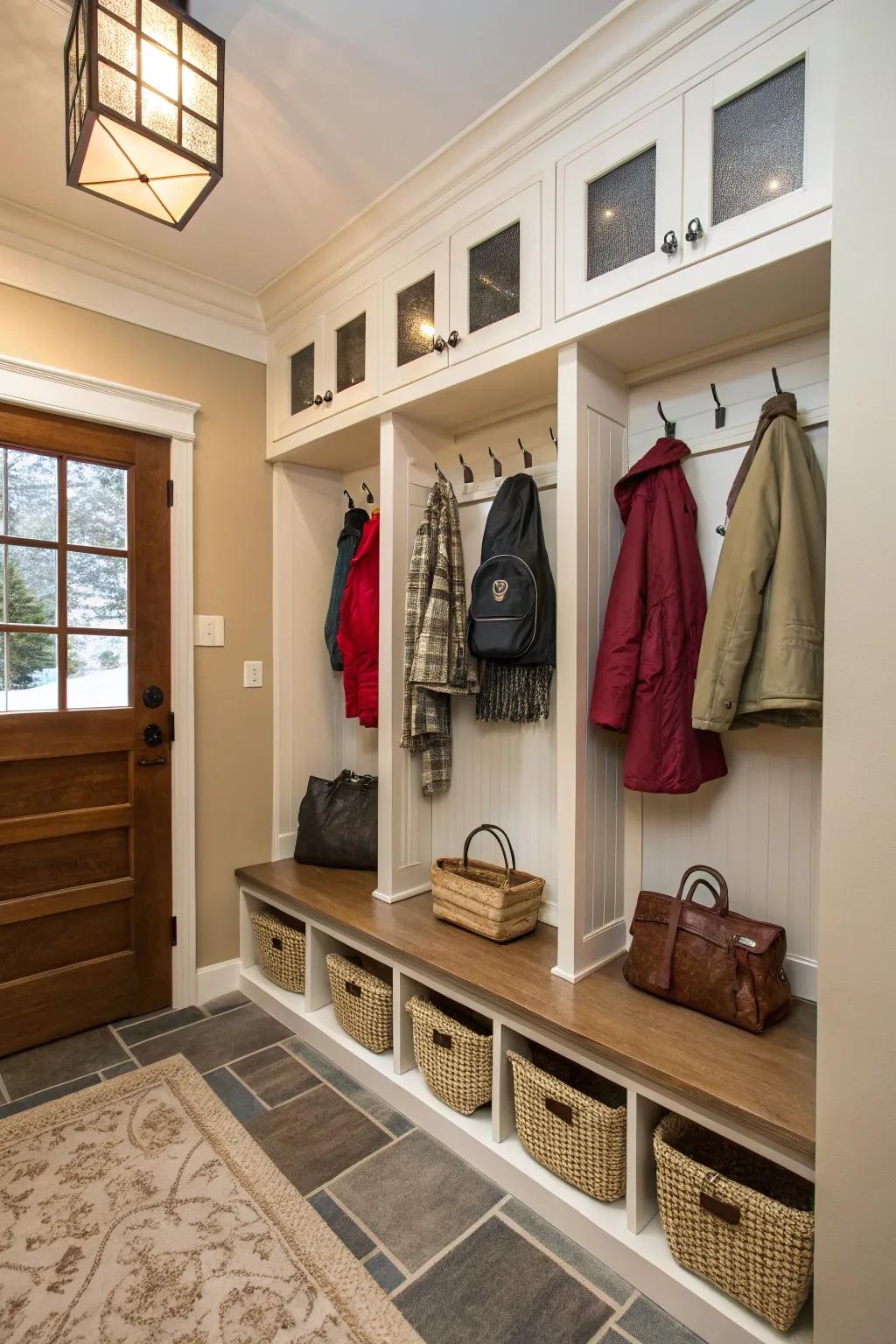 An organized entryway where integrated lockers keep things uncluttered.
