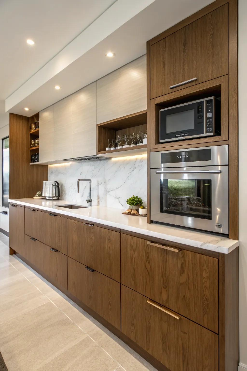 A microwave flawlessly integrated into the kitchen cabinets above the work surface.