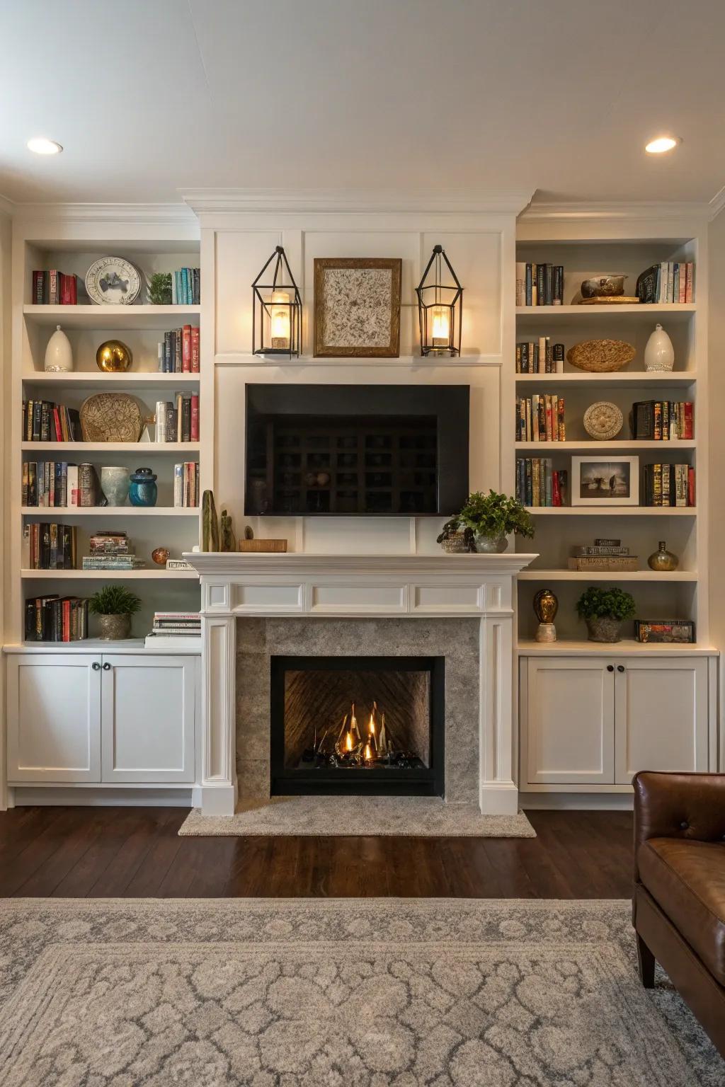 Shelving with symmetry crafts an even and appealing fireplace arrangement.