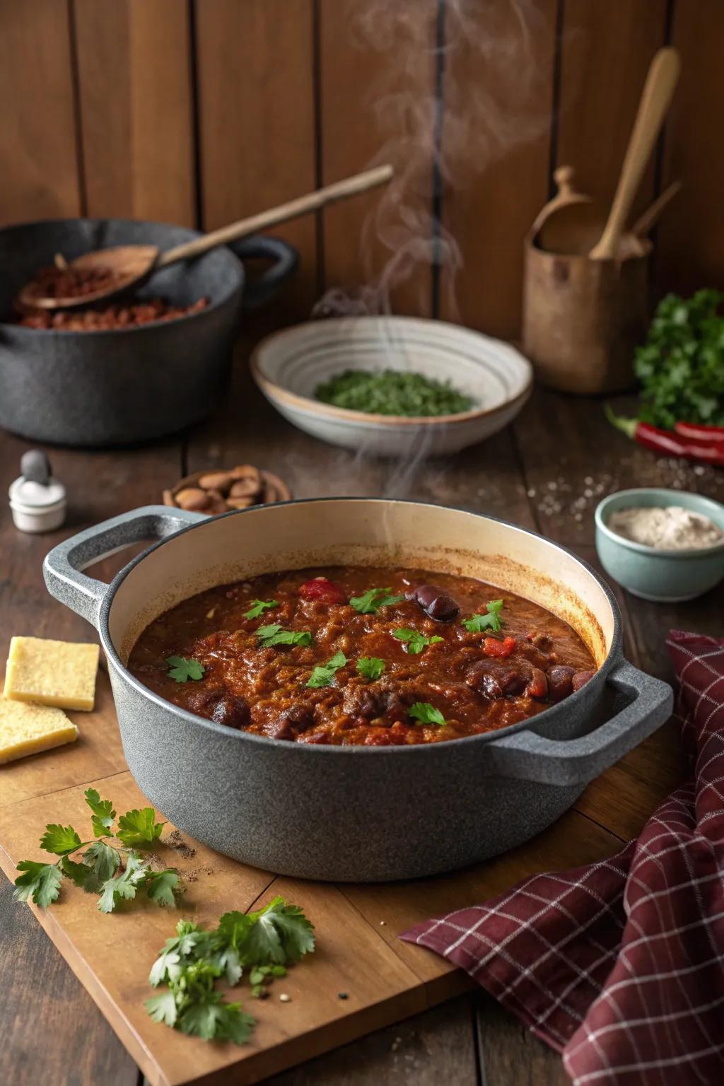 A fragrant pot of classic chili with a special touch, set to delight your taste buds.